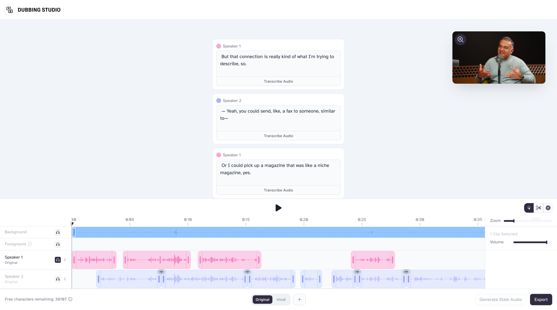 A screenshot of the ElevenLabs Dubbing UI